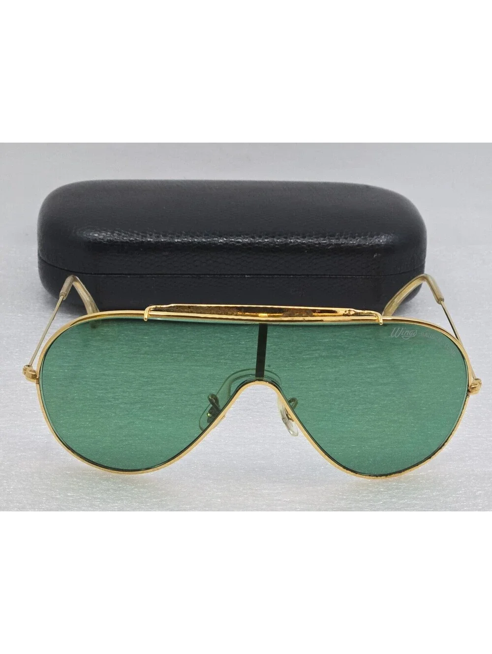 1980s Bausch & Lomb Ray-Ban Wings Sunglasses Gold Frame Green G15 Shield Lens
